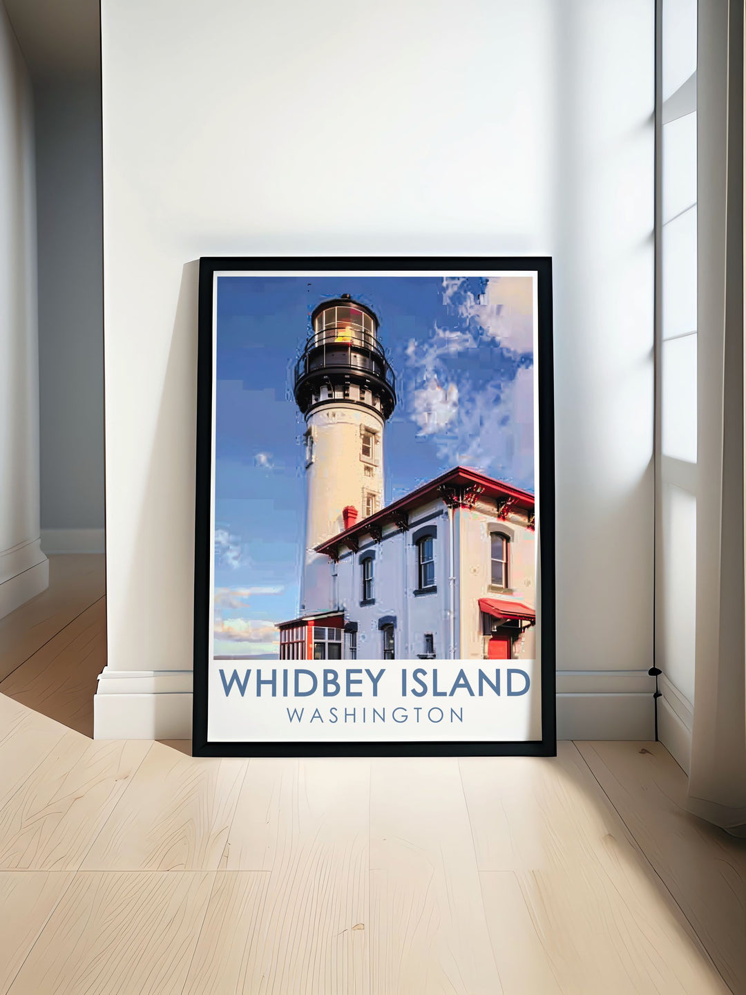 Washington poster showcasing the tranquil beauty of Whidbey Island and the historical significance of Fort Casey State Park perfect for any home decor with a vibrant color palette and vintage poster style