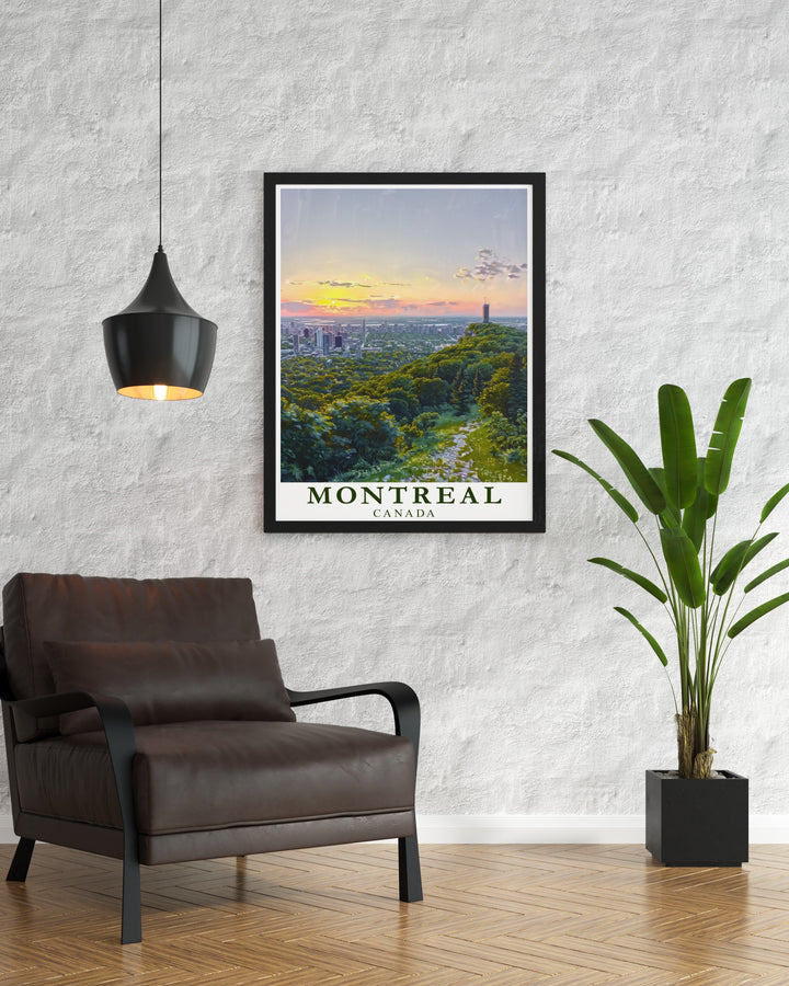 Montreal Poster Print featuring the stunning Mount Royal, capturing the lush green heart of the city. This travel print highlights one of Montreals iconic landmarks, perfect for adding elegance to any room.