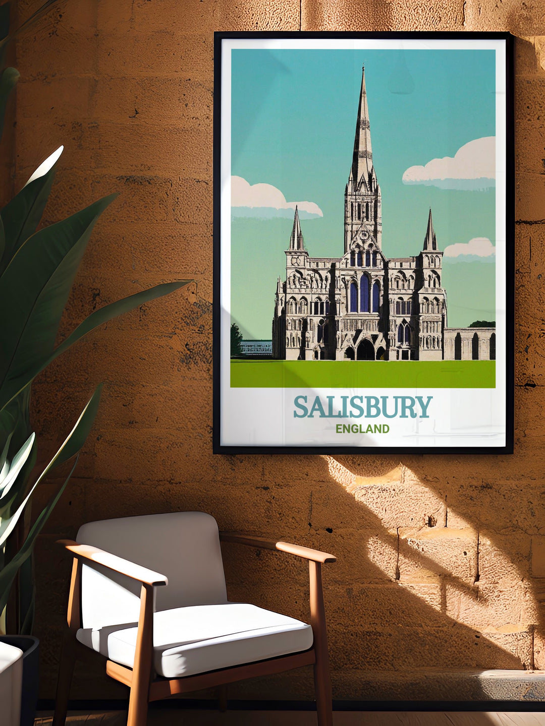 Detailed travel poster of Salisbury, England, focusing on the grandeur of Salisbury Cathedral. This print is perfect for anyone who admires the beauty and history of Englands most famous landmarks.