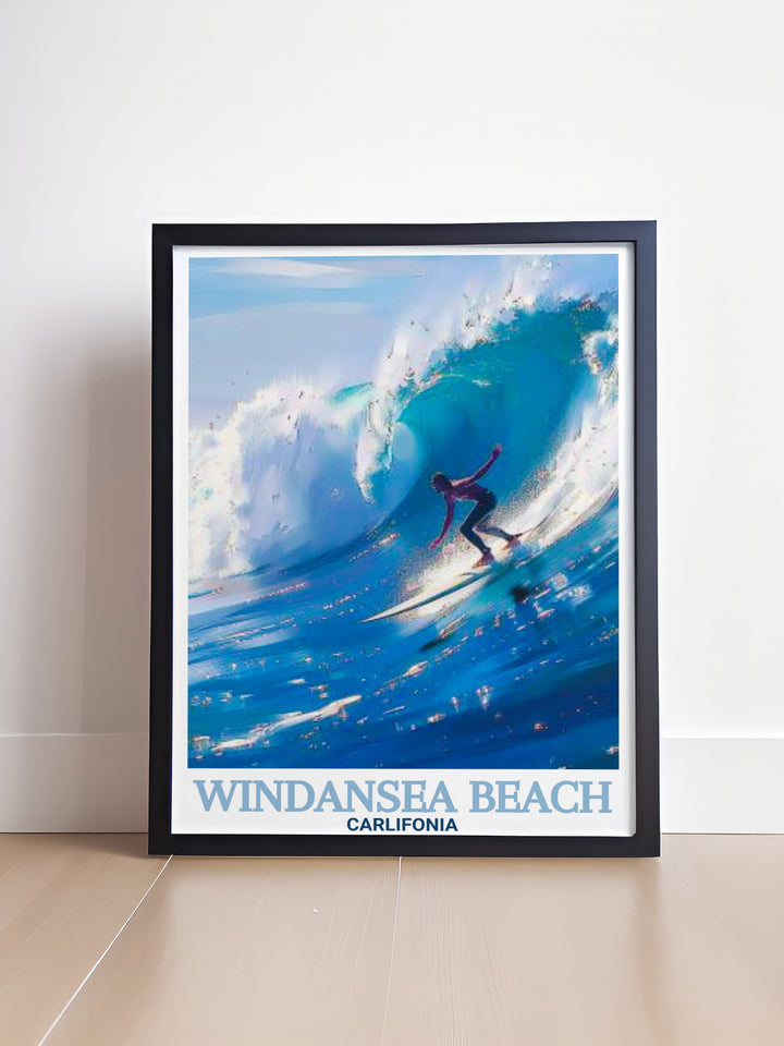 Elegant Surfing Waves Art print showcasing the natural beauty of Windansea Beachs rock formations perfect for any room. This vintage poster is a wonderful addition to wall art and makes an excellent personalized gift.