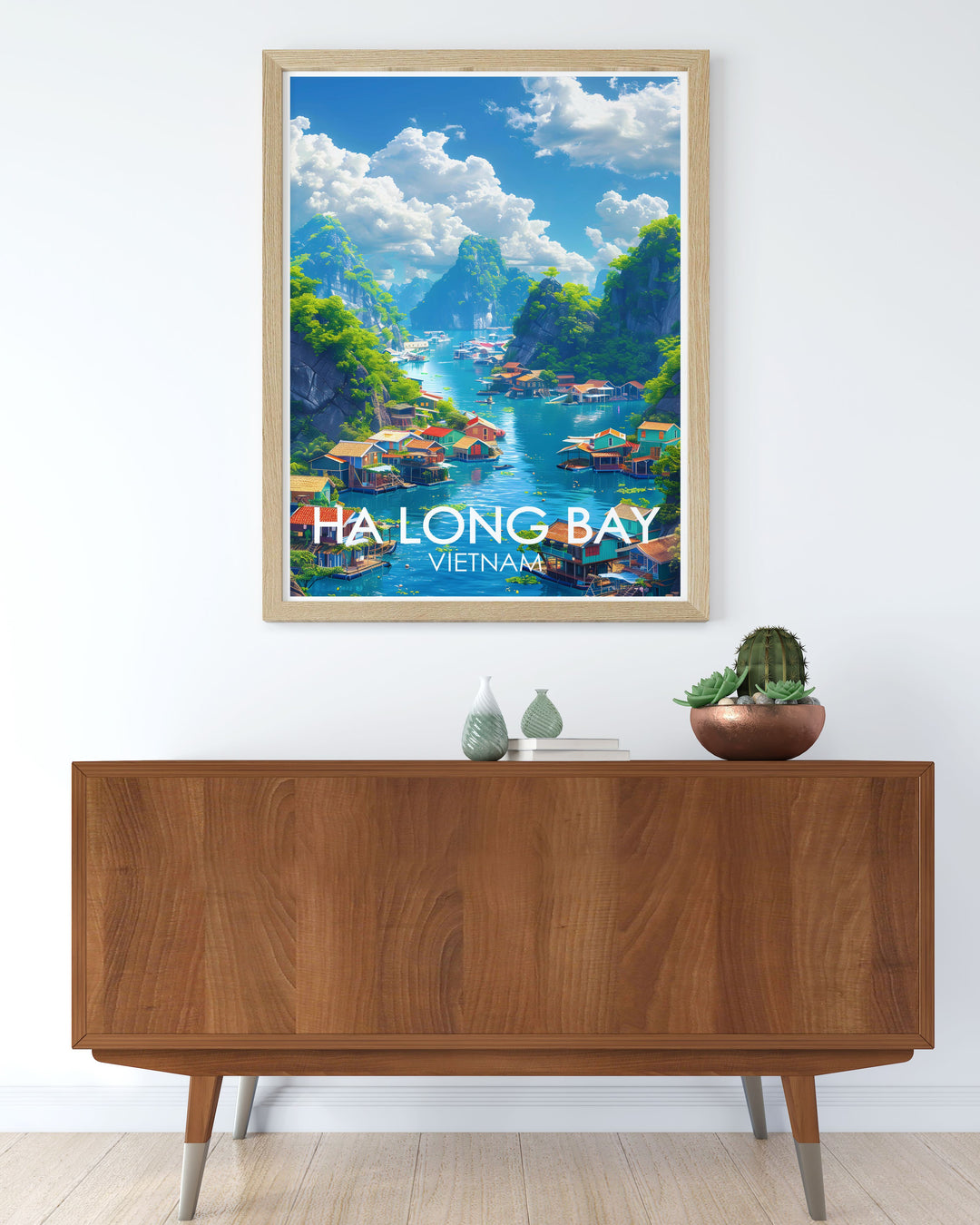 Highlighting the cultural and natural beauty of Ha Long Bay, this travel poster offers a captivating view of Vietnams floating fishing villages, ideal for those who appreciate scenic art.
