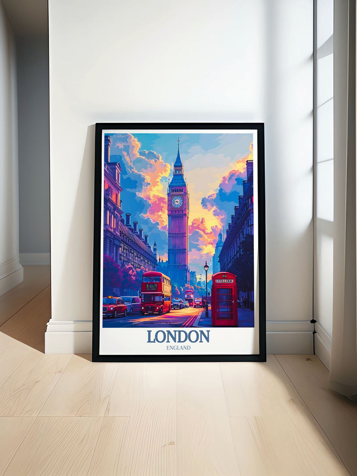 Big Ben and London Eye modern print featuring detailed and vibrant artwork of Londons most iconic landmarks. This stunning art piece adds a touch of sophistication to any room with its elegant depiction of Londons famous structures.