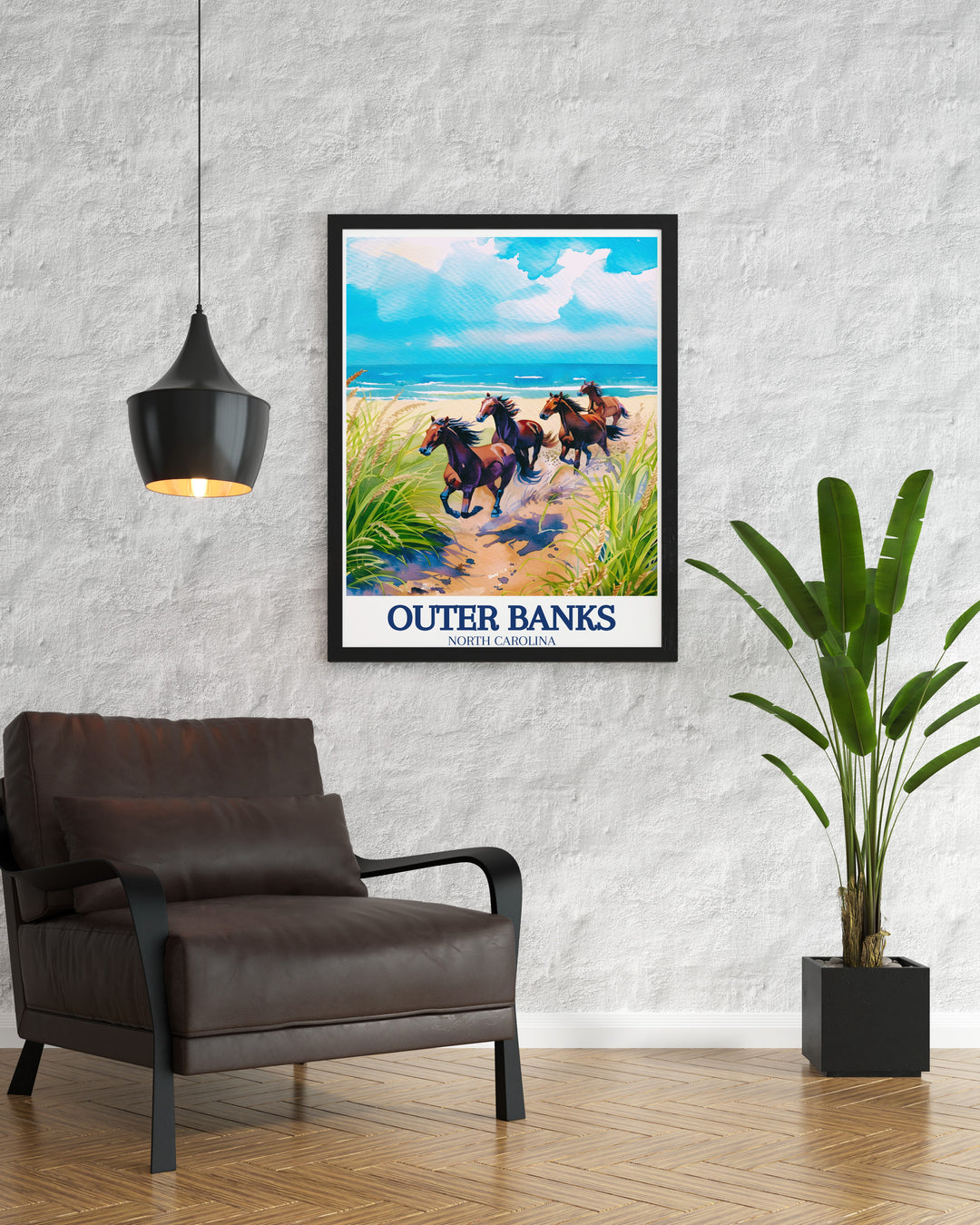 Outer Banks Wall Poster capturing the diverse landscapes and natural beauty of North Carolinas coastal region. The poster features the Outer Banks sandy shores, historic landmarks, and vibrant wildlife, making it a great addition to any space that celebrates the outdoors and the spirit of adventure.