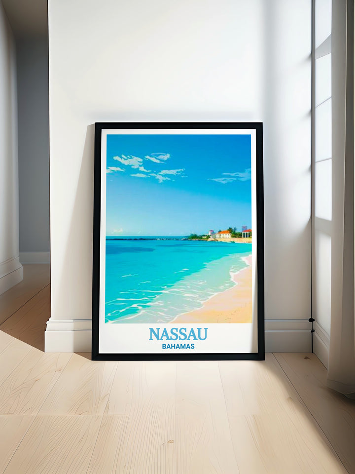 Caribbean Travel Poster featuring Junkanoo Beach in Nassau, showcasing the bright colors and inviting waters of this Bahamian hotspot. This artwork offers a slice of tropical paradise, ideal for decorating any space with the calming essence of the Caribbean.