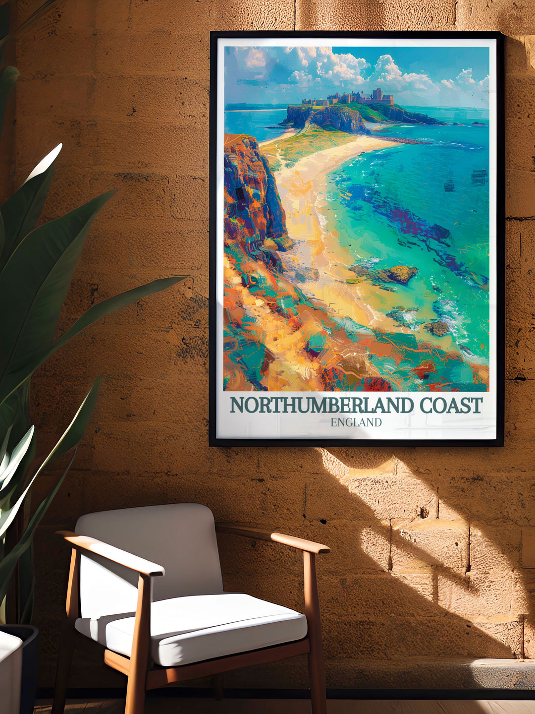 Retro railway print of Bamburgh Castle and Dunstanburgh Castle capturing the nostalgic essence of Northumberlands past and the scenic beauty of its coast an ideal piece for vintage art collectors and enthusiasts.