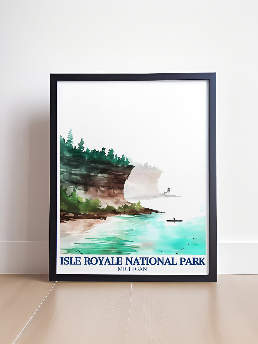 Isle Royale decor featuring iconic landmarks, perfect for thoughtful gifts or personal use. This travel print embodies the vibrancy of the national park, making it a cherished piece for art lovers and travelers alike.