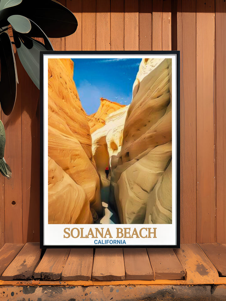 This beautiful Solana Beach wall decor features a detailed depiction of Annies Canyon Trail, capturing the stunning landscapes of Californias coast. Perfect for beach lovers, this travel print brings the serene atmosphere of Solana Beach into any home or workspace.