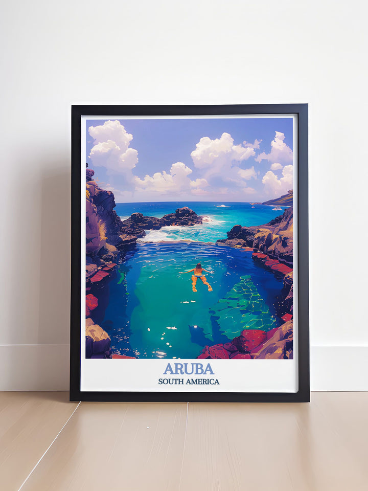 Colorful art print of the Natural Pool in Aruba capturing the unique beauty of this iconic location in vivid detail perfect for adding a splash of color and life to your walls and creating an inviting and lively environment in your home