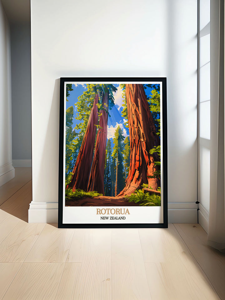 A stunning Redwoods Forest travel poster featuring the towering trees and serene beauty of Rotorua New Zealand. Perfect for adding a touch of nature to your home decor and ideal for those who appreciate the tranquility of the Redwoods Forest.