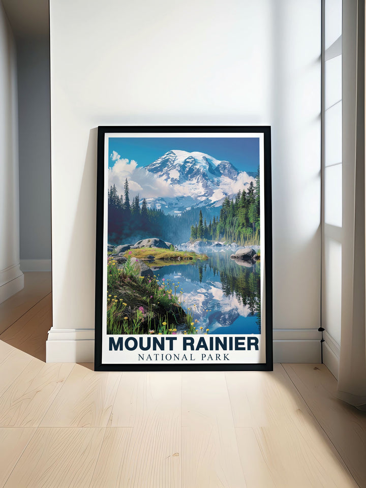 Beautiful Mount Rainier poster showcasing the majestic peak of Washington State part of our National Park Print collection featuring the Cascade Range perfect for adding elegant home décor to any room with stunning mountain wall art