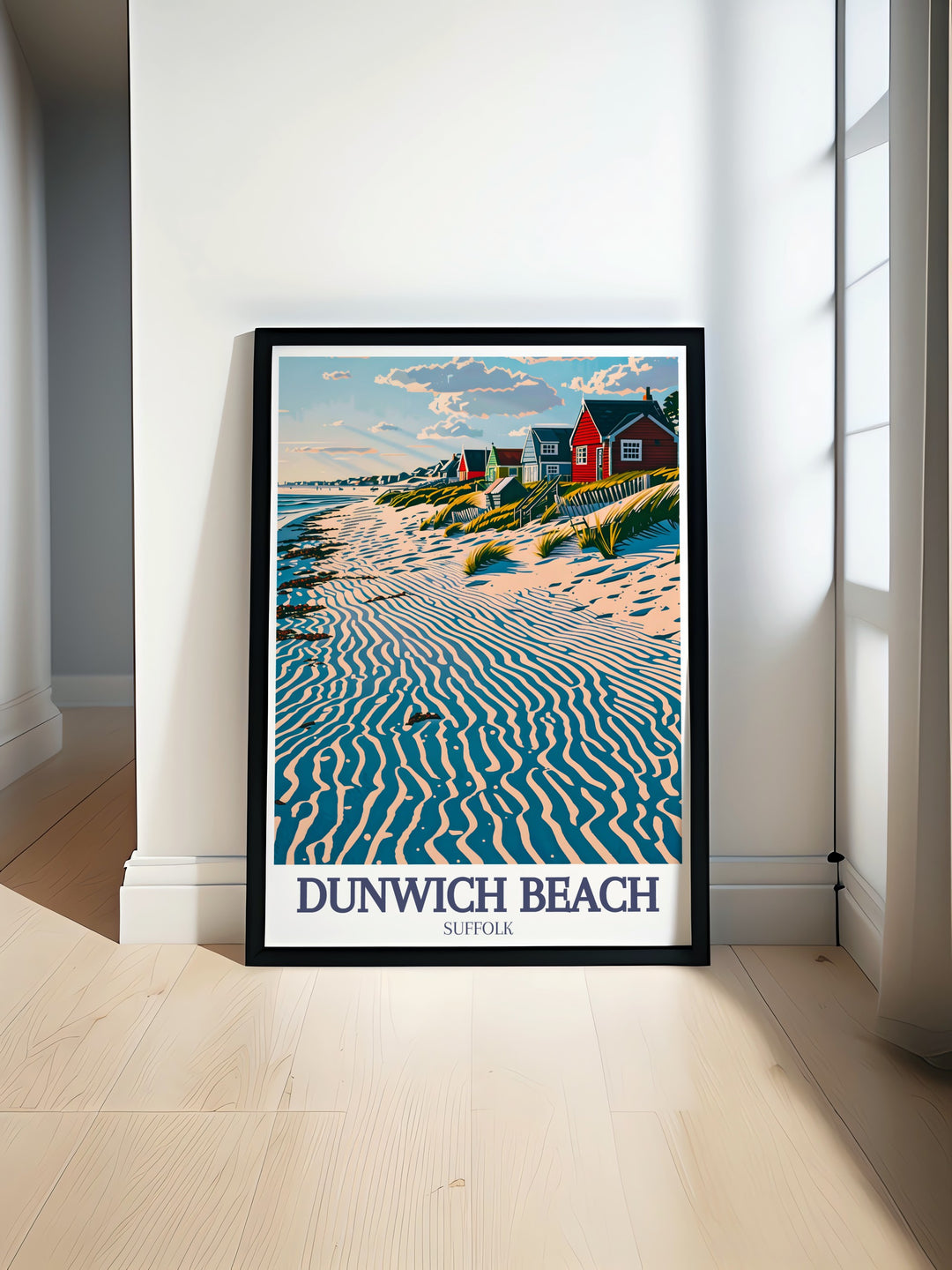 Dunwich Beach wall art highlights the peaceful beauty of one of Suffolks most scenic coastal spots, set against the backdrop of the North Sea. This travel poster is ideal for those who love coastal landscapes and want to add a touch of English charm to their home.