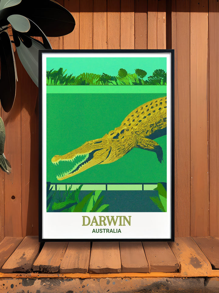 Australia canvas art depicting Darwins Crocosaurus Cove brings the wild energy of Australia into your living space. This travel print is ideal for anyone who loves the blend of urban life and natural beauty, making it a perfect gift or home decor piece for Australia lovers.