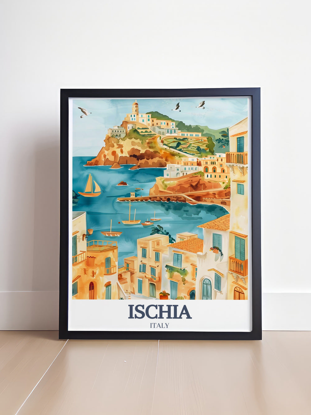 Ischia poster print highlighting the iconic Ischia Ponte and the peaceful SantAngelo village. Ideal for home décor or as a personalized gift, this travel print captures the heart of Ischia with its vibrant colors and detailed illustration.