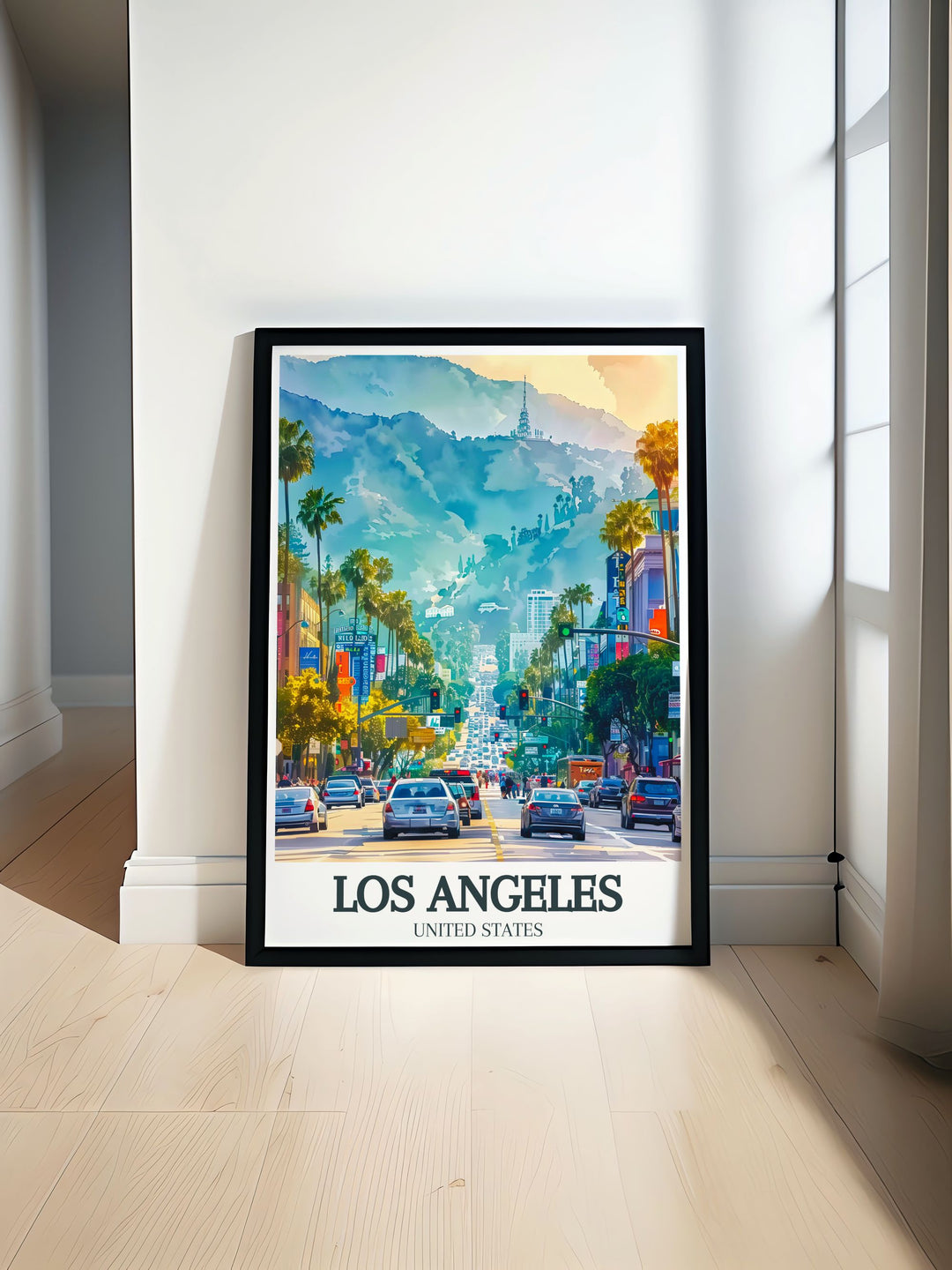 Hollywood Boulevard street Mount Lee print featuring the vibrant Los Angeles skyline perfect for modern home decor a stunning piece of wall art capturing the iconic landmarks and adding a touch of California charm to your living room or office space