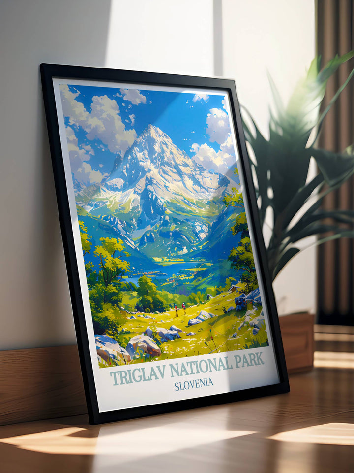Artistic depiction of Triglav National Parks rugged mountain terrain and lush valleys, ideal for travel enthusiasts and nature lovers.
