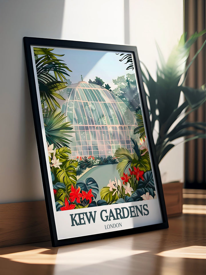 Kew Gardens Travel Print features the calm waters of the Waterlily House pond, surrounded by the greenery of the Royal Botanic Gardens. This fine line art piece is perfect for adding a touch of nature and elegance to your home decor, ideal for nature lovers and travelers alike.