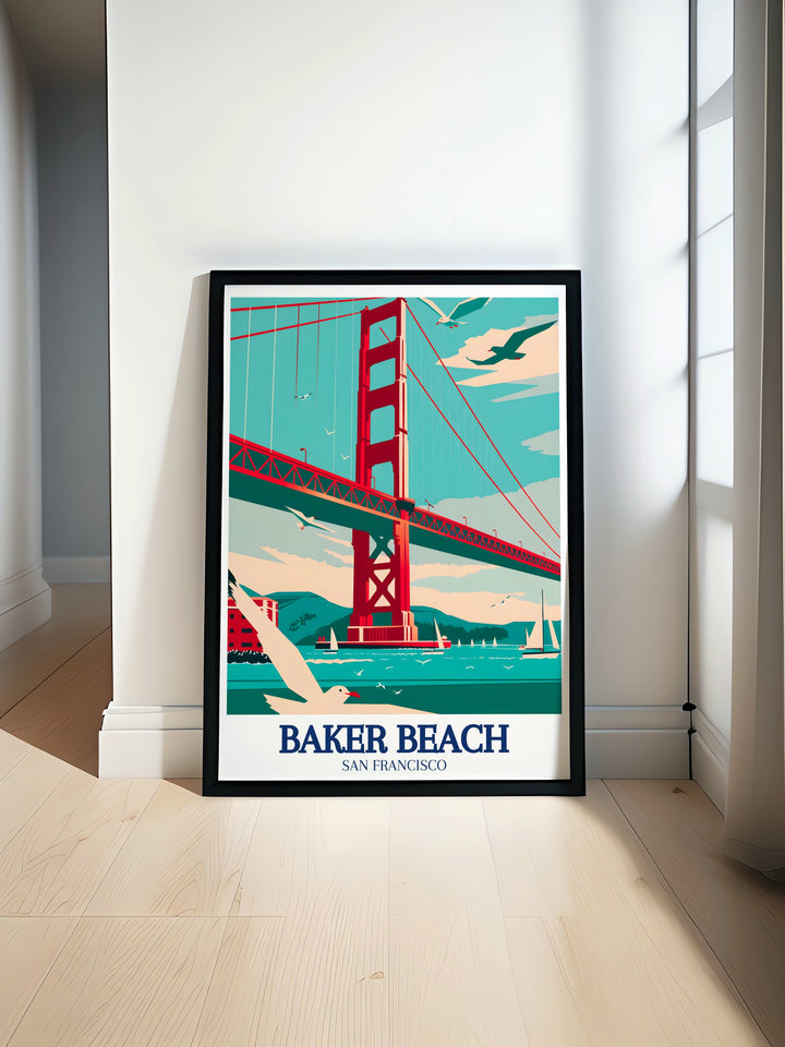 Baker Beach Art Print capturing the serene beauty of Baker Beach in San Francisco, California. This detailed artwork showcases the golden sands, gentle waves of the Pacific Ocean, and the stunning views of the Golden Gate Bridge, making it an ideal addition to any coastal themed decor