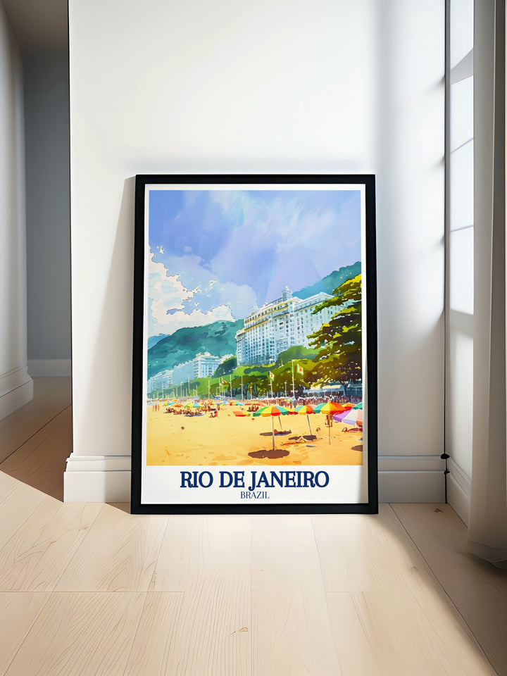 Copacabana Palace hotel art print highlighting the elegance and grandeur of one of Rios most historic landmarks. This piece adds a touch of sophistication to any room, ideal for those who appreciate luxury.