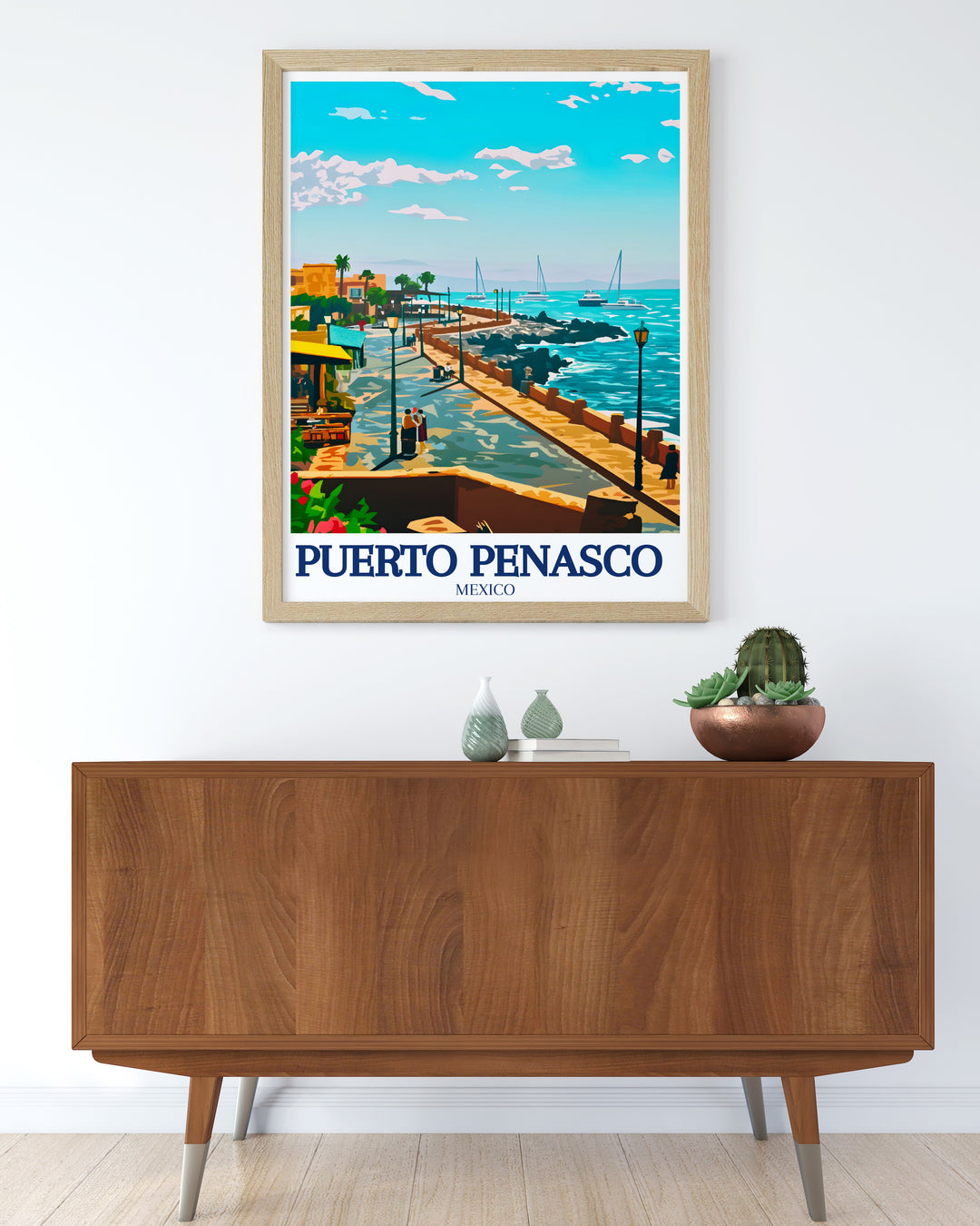 Bring the magic of Puerto Peñasco into your home with this travel poster, featuring a detailed view of the Malecon and the stunning Sea of Cortez. The artworks vibrant colors and intricate design make it the perfect addition to any coastal inspired space or travel art collection.