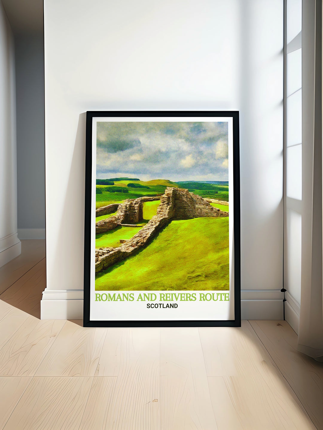 Romans and Reivers Route poster print featuring the beauty of Housesteads Roman Fort and Scottish Borders perfect for fans of hiking and history this vintage travel print is an ideal gift for lovers of Scotlands Great Trail and stunning home decor.