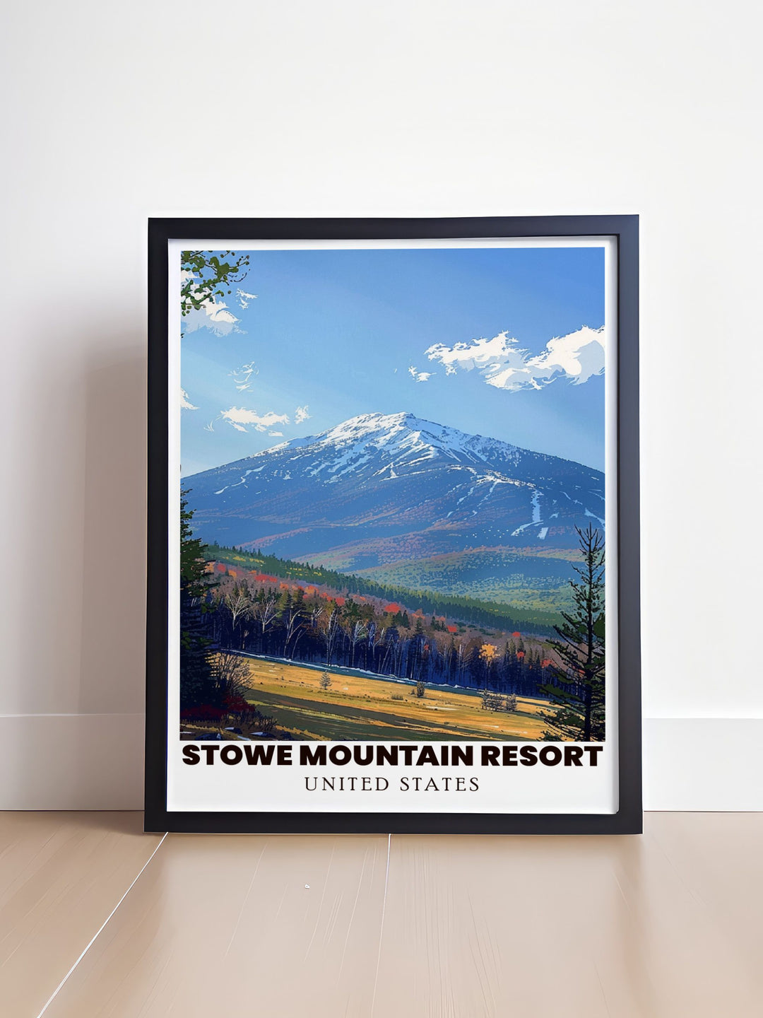 Vibrant and detailed artwork of Mount Mansfield and Stowe Ski Resort capturing the allure of New England skiing and serving as a perfect gift for friends and family who love travel and outdoor adventures