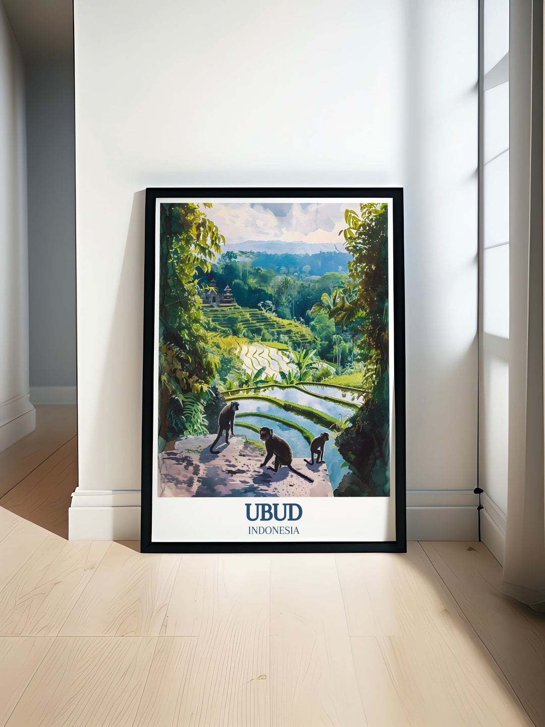 This Ubud travel print depicts the tranquil beauty of the Tegalalang Rice Terrace and Sacred Monkey Forest Sanctuary. The art brings Balis serene landscapes into your home, making it an ideal piece for Bali enthusiasts or travelers.