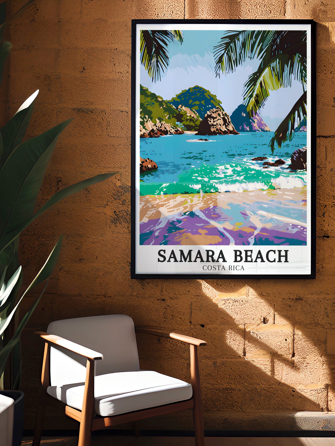 A picturesque view of Samara Beach, the Whale Tails Rocks, and Isla Chora is brought to life in this vibrant travel print. This Costa Rica artwork is perfect for beach lovers or anyone who enjoys the serene beauty of tropical landscapes.