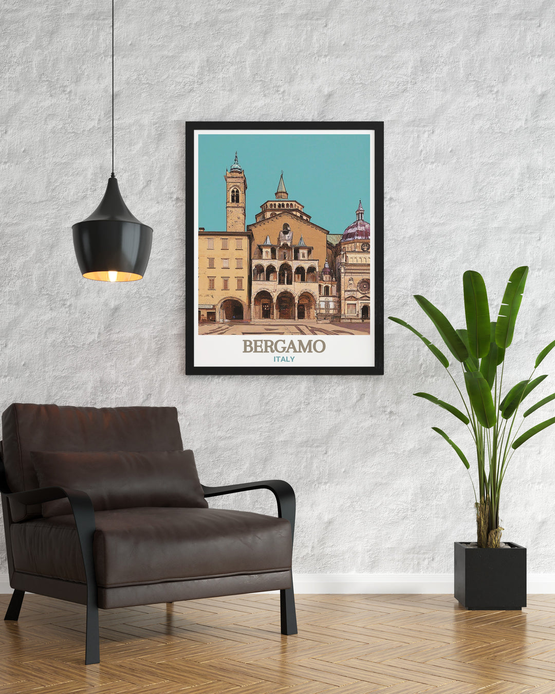 Colorful art print of Piazza Vecchia in Bergamo. Bringing the vibrant atmosphere and historical charm of the city into your home. Ideal for enhancing your living room, office, or any space with Italian elegance. High quality and detailed design.