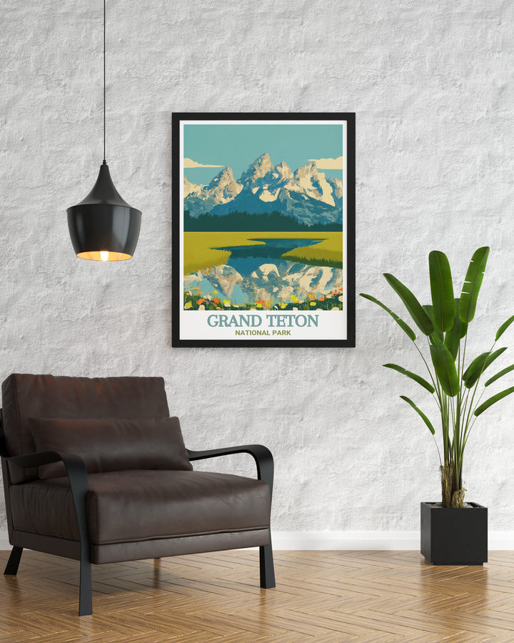 A vibrant Grand Teton art print showcasing the iconic mountains and wilderness of Grand Teton National Park. The detailed depiction of the Teton Range and its surrounding landscapes makes this print a standout piece, perfect for anyone who loves nature and national parks.