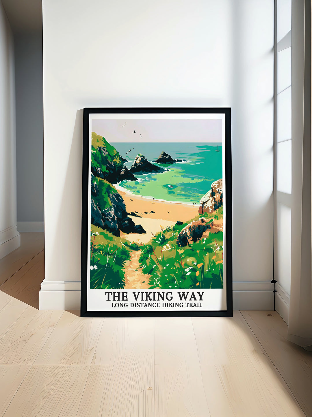 Travel art of The Viking Way Trail with a focus on Hoddevik Beach and the Norwegian Sea. This detailed print captures the trails breathtaking views, ideal for decorating your home with a touch of adventure and natural beauty. A wonderful gift for nature lovers.