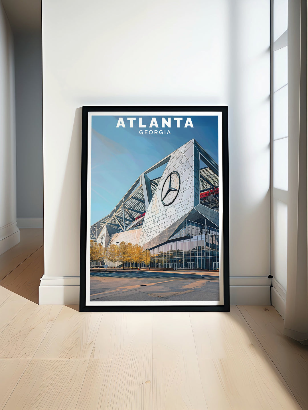 Atlanta print featuring Mercedes Benz Stadium is a perfect travel poster for modern home décor. Capture the essence of Atlanta with stunning prints that highlight the citys landmarks. Ideal for traveler gifts or elegant living room art.