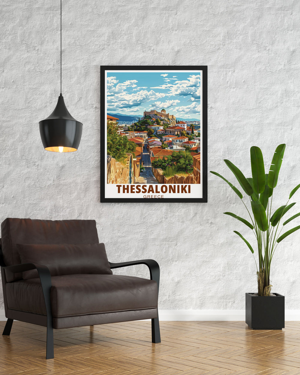This vibrant travel print showcases Thessalonikis iconic Ano Poli, a historic neighborhood filled with traditional architecture and breathtaking views. The poster brings the charm of Greece to your home, making it perfect for art lovers or those with a connection to Greece.
