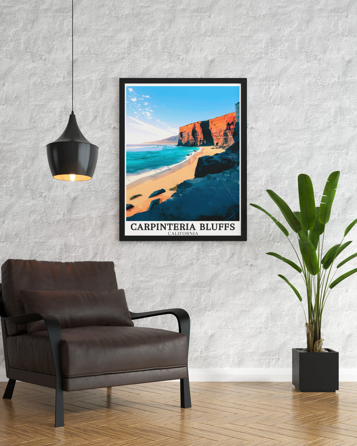 Santa Barbara South Coast and Santa Barbara Channel are the backdrop for this Carpinteria Bluffs art print a beautiful piece of California artwork that adds a touch of coastal elegance to your home decor and celebrates the beauty of Californias coastline