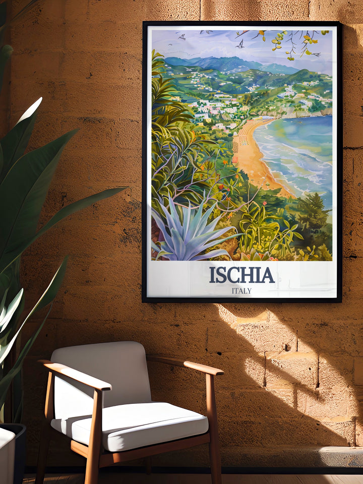 A fine line poster print of Ischias lush gardens and the tranquil Maronti Beach. Whether as a travel memory or a unique home décor piece, this artwork brings Ischias natural beauty to life and is a perfect gift for any occasion.