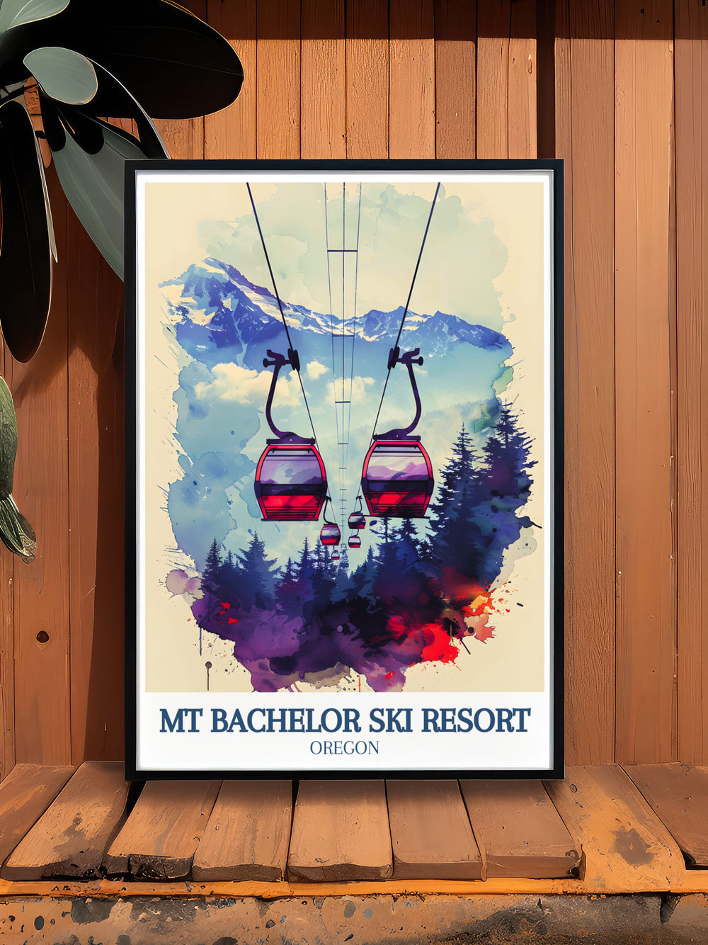 Experience the Cascade Mountains and Deschutes National Forest with this stunning Mt Bachelor poster featuring vibrant colors and intricate details capturing the essence of Oregons skiing destinations and retro travel art