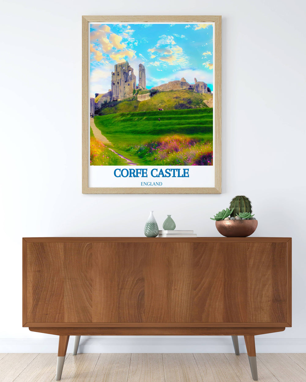 Stunning Corfe Castle print showcasing the majestic ruins under a clear blue sky ideal for modern home decor