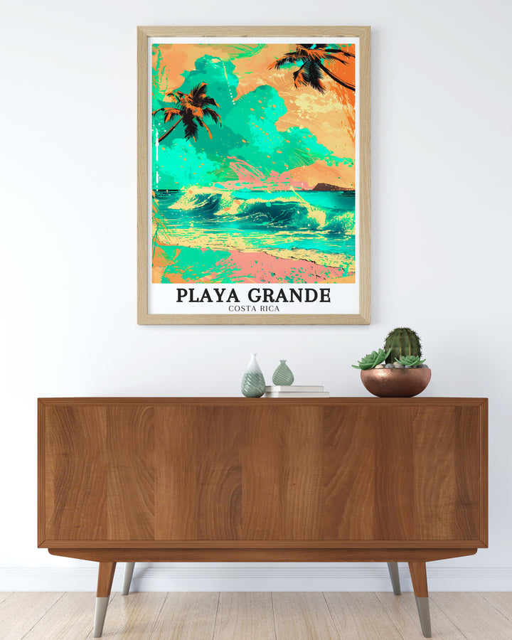 Add a touch of the Pacific Oceans beauty to your decor with this Playa Grande travel print. This Costa Rica poster features stunning tropical details, making it a perfect gift or addition to any room.