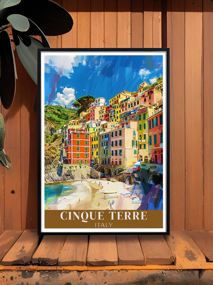 Colorful Monterosso al Mare artwork from Cinque Terre designed to brighten your home and bring a sense of adventure into your everyday life a perfect choice for those who love lively and vibrant decor.