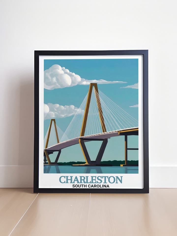 Charleston poster highlighting the beautiful Arthur Ravenel Jr. Bridge in a vintage style print ideal for wall art and home decor showcasing the historic charm and modern beauty of Charleston city art