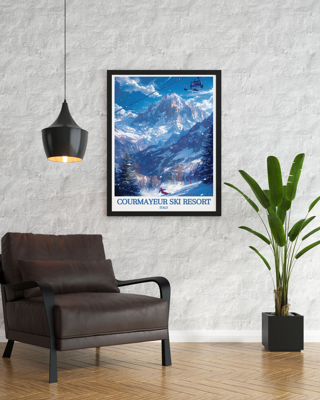 Showcasing the lush landscapes of the Italian Alps and the thrill of skiing in Courmayeur, this poster is ideal for art lovers who appreciate the diverse and stunning beauty of Italy.