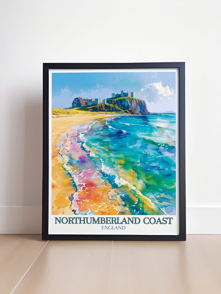 Framed Print of Bamburgh Castle and Dunstanburgh Castle set against the beautiful Northumberland Coast a perfect addition for those who admire the regions natural scenery and historical significance