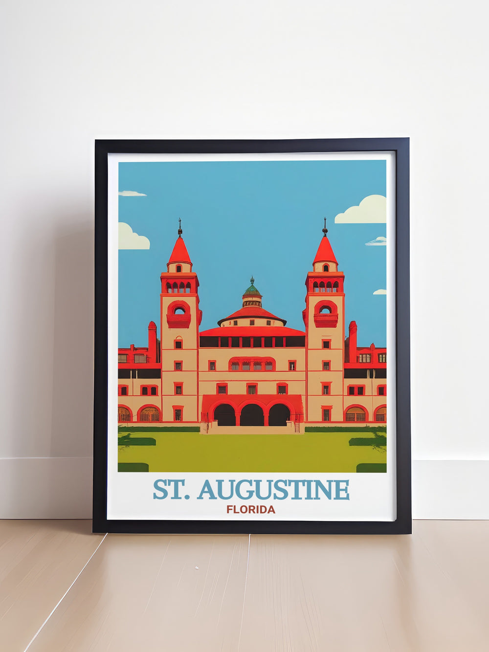 Bring the beauty of St. Augustine into your home with this Florida travel poster. The artwork focuses on Flagler Colleges detailed façade, offering a timeless representation of Floridas architectural history. Perfect for travel lovers and home decorators alike.