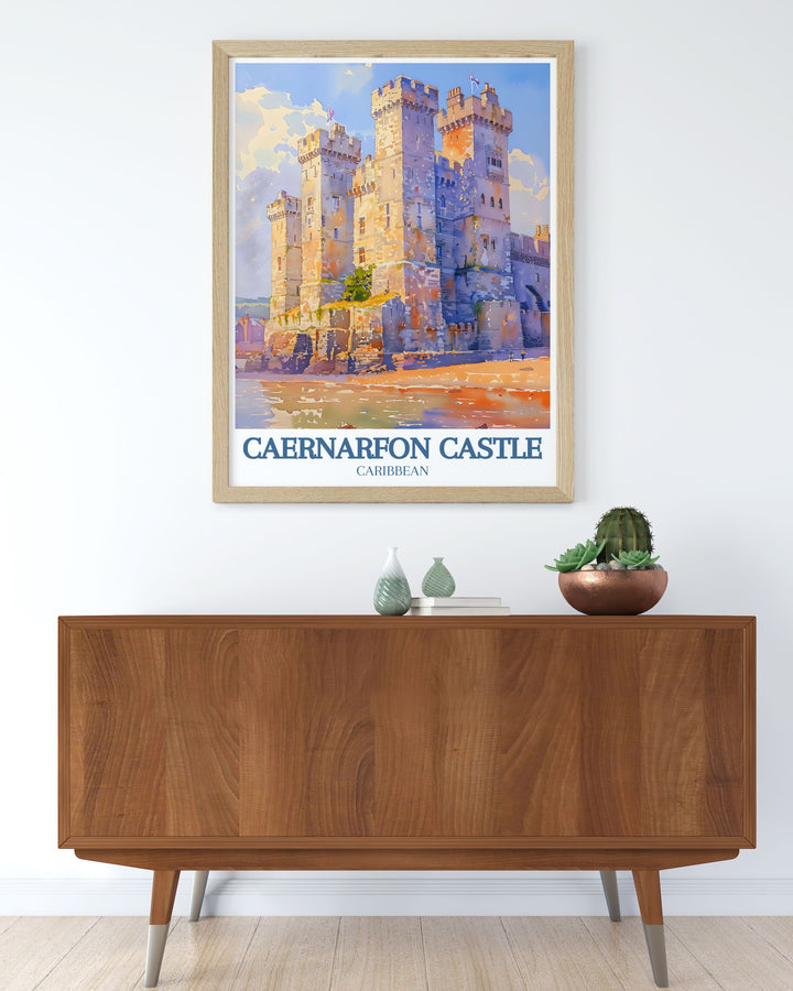Scenic travel poster of Caernarfon Castle and the Menai Strait, showcasing the lush greenery and historic landmarks of Wales, ideal for nature and history enthusiasts alike.