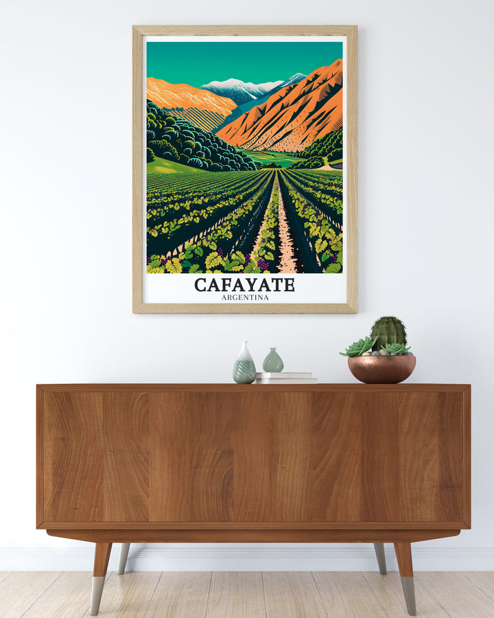 Cafayate Wine Tour Travel Poster immerses you in the beauty of Argentinas Cafayate Wine Tour, showcasing the regions vineyards and mountain landscapes. Perfect for art lovers and travelers alike, this poster is a reminder of Argentinas natural splendor.