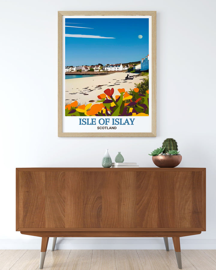 A wall print depicting the serene harbor of Port Ellen, Isle of Islay, capturing the timeless beauty of Scotlands coastal villages. This print adds a touch of elegance and history to any home decor.