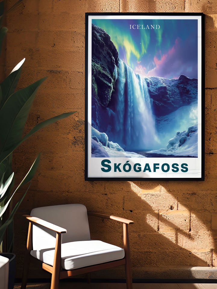 Skogafoss waterfall northern lights framed print showcasing the vibrant colors and dynamic movement of the aurora borealis over the majestic waterfall a perfect gift for any occasion