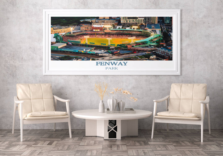 Highlighting the Boston Red Sox poster, this artwork showcases Fenway Park against the city skyline. It serves as an exquisite stadium poster, making for an exceptional Boston print or housewarming gift.