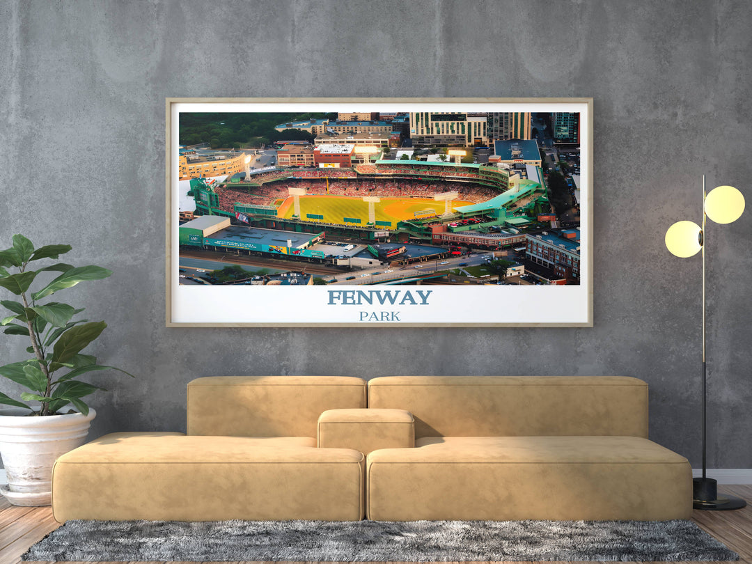 Highlighting the Boston Red Sox poster, this artwork showcases Fenway Park against the city skyline. It serves as an exquisite stadium poster, making for an exceptional Boston print or housewarming gift.
