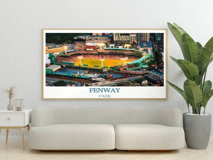 Highlighting the Boston Red Sox poster, this artwork showcases Fenway Park against the city skyline. It serves as an exquisite stadium poster, making for an exceptional Boston print or housewarming gift.