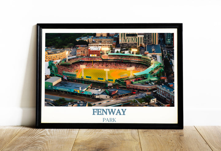 This Fenway Park Skyline Print captures the essence of the iconic Boston Red Sox home. Featuring the historic stadium, it's a perfect Boston sports stadium poster, ideal as a Boston print or housewarming gift.